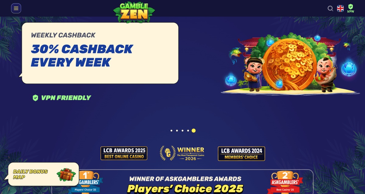 Screenshot of GambleZen homepage banner showcasing the 30% cashback offer along with a cartoon image of two Asian children standing near a tree of coins.